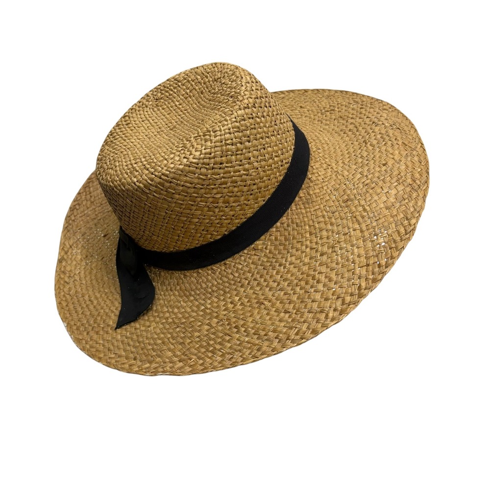 Woven Straw Wide Brim Sun Hat Tan Beige Black Ribbon Trim Boater Beach Summer